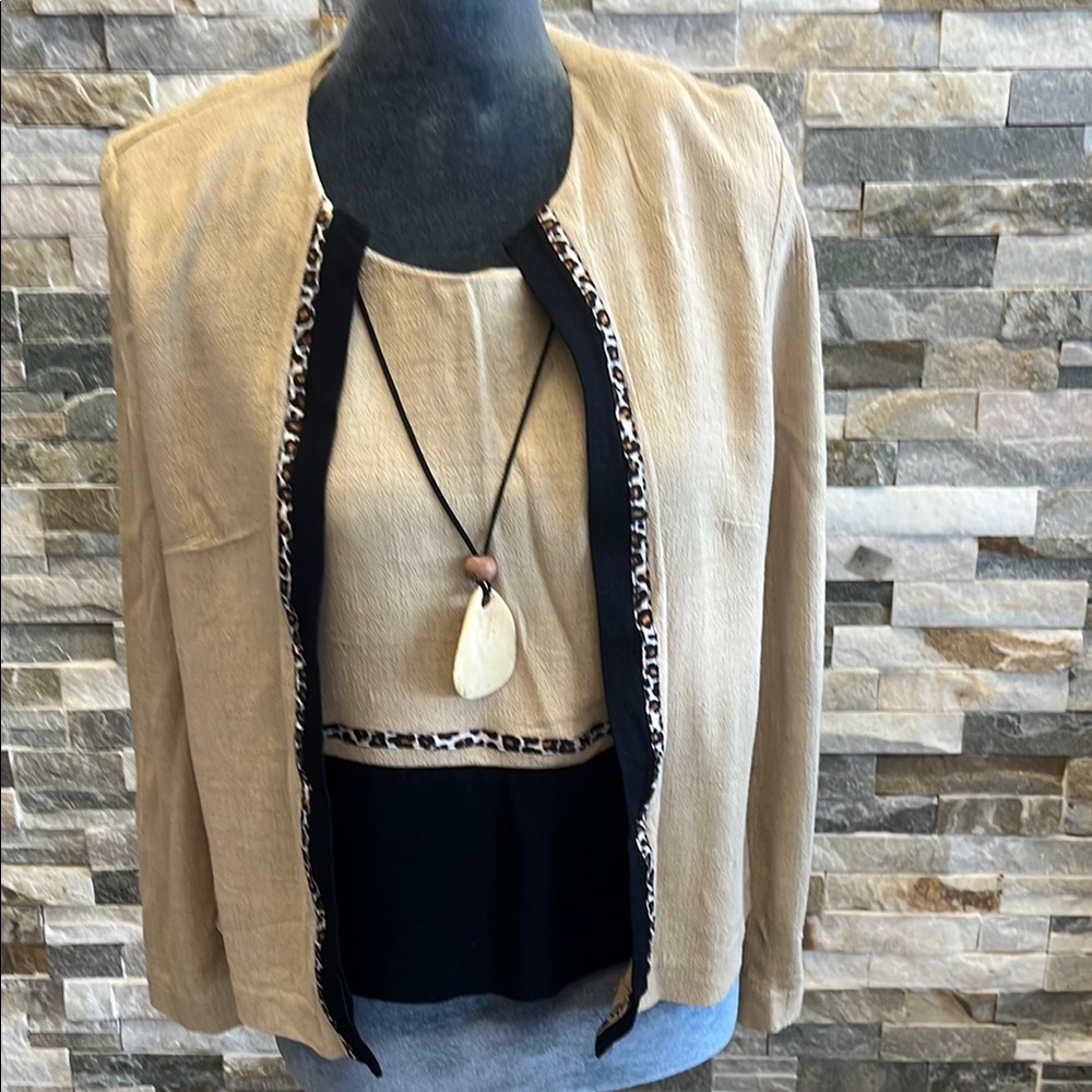 R & M Stylish Tan Women's Jacket with Leopard Trim